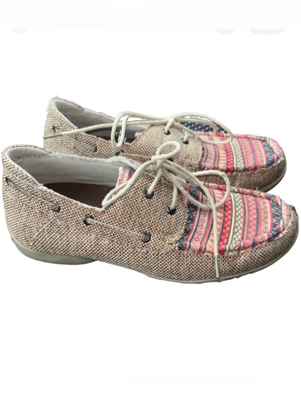 Roper Tan Canvas Lace-Up Flats with Pink Striped Toe